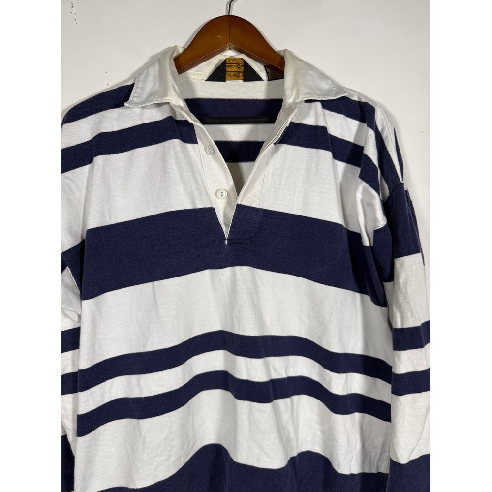Vintage Eddie Bauer Mens L Rugby Shirt Navy Blue White Striped Cotton L/S